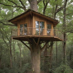 An ecological and elegant treehouse nestled in a giant tree within a magical forest