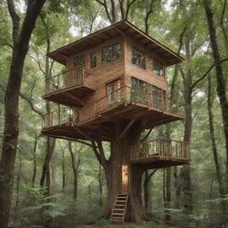 An ecological and elegant treehouse nestled in a giant tree within a magical forest