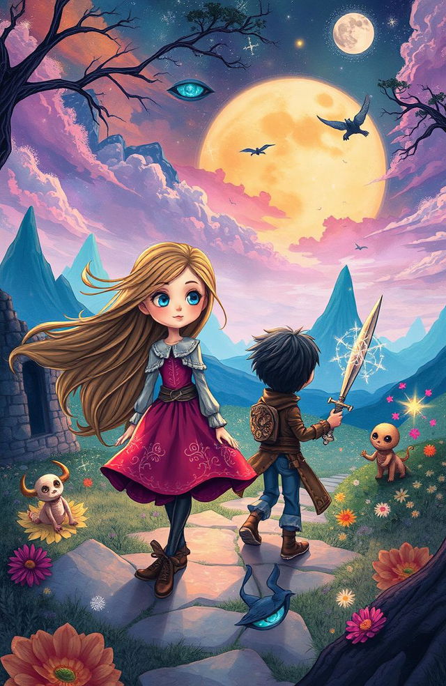 A whimsical and enchanting fantasy scene depicting a girl named Morry who finds herself in a beautiful world of the dead