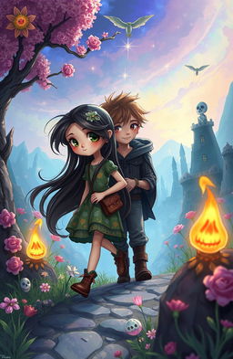 A whimsical and enchanting fantasy scene depicting a girl named Morry who finds herself in a beautiful world of the dead