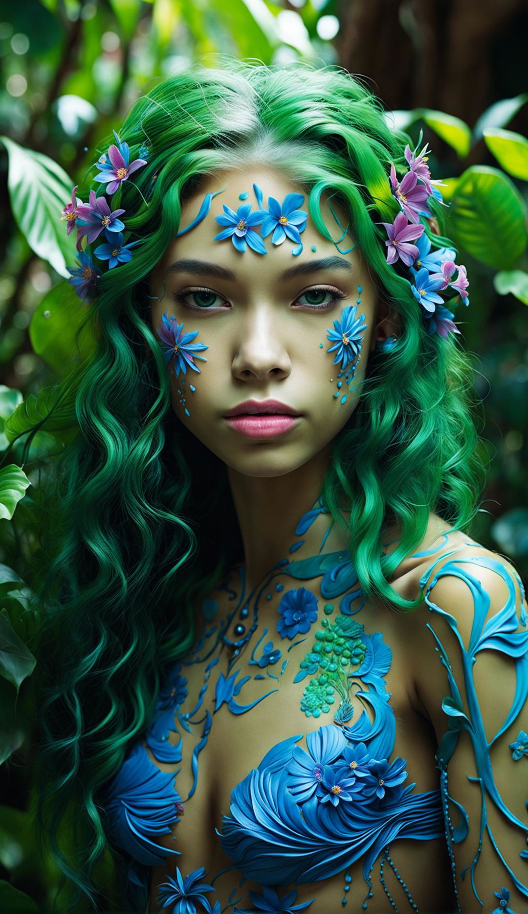 Surreal photograph of a bio-organic 17-year-old girl with intensely rich cyan skin patterned with nature-inspired details and small, richly colored flowers blossoming from vein-like vines on her skin, shot with a Nikon Z5: NIKKOR Z f/4 S lens at an aperture setting and focal length of 70mm