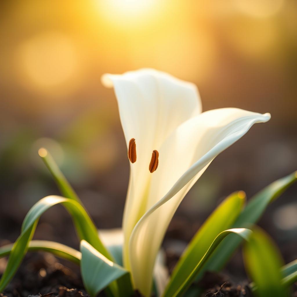 A close-up of a beautiful white lily flower emerging from the ground, showcasing its delicate petals unfurling and revealing soft green leaves surrounding it