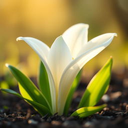 A close-up of a beautiful white lily flower emerging from the ground, showcasing its delicate petals unfurling and revealing soft green leaves surrounding it