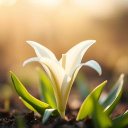 A close-up of a beautiful white lily flower emerging from the ground, showcasing its delicate petals unfurling and revealing soft green leaves surrounding it