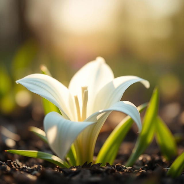 A close-up of a beautiful white lily flower emerging from the ground, showcasing its delicate petals unfurling and revealing soft green leaves surrounding it