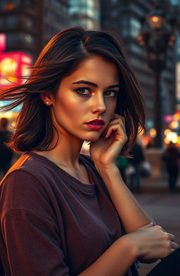 A young woman in her early twenties with striking features and an intense expression sits on a park bench, deep in thought