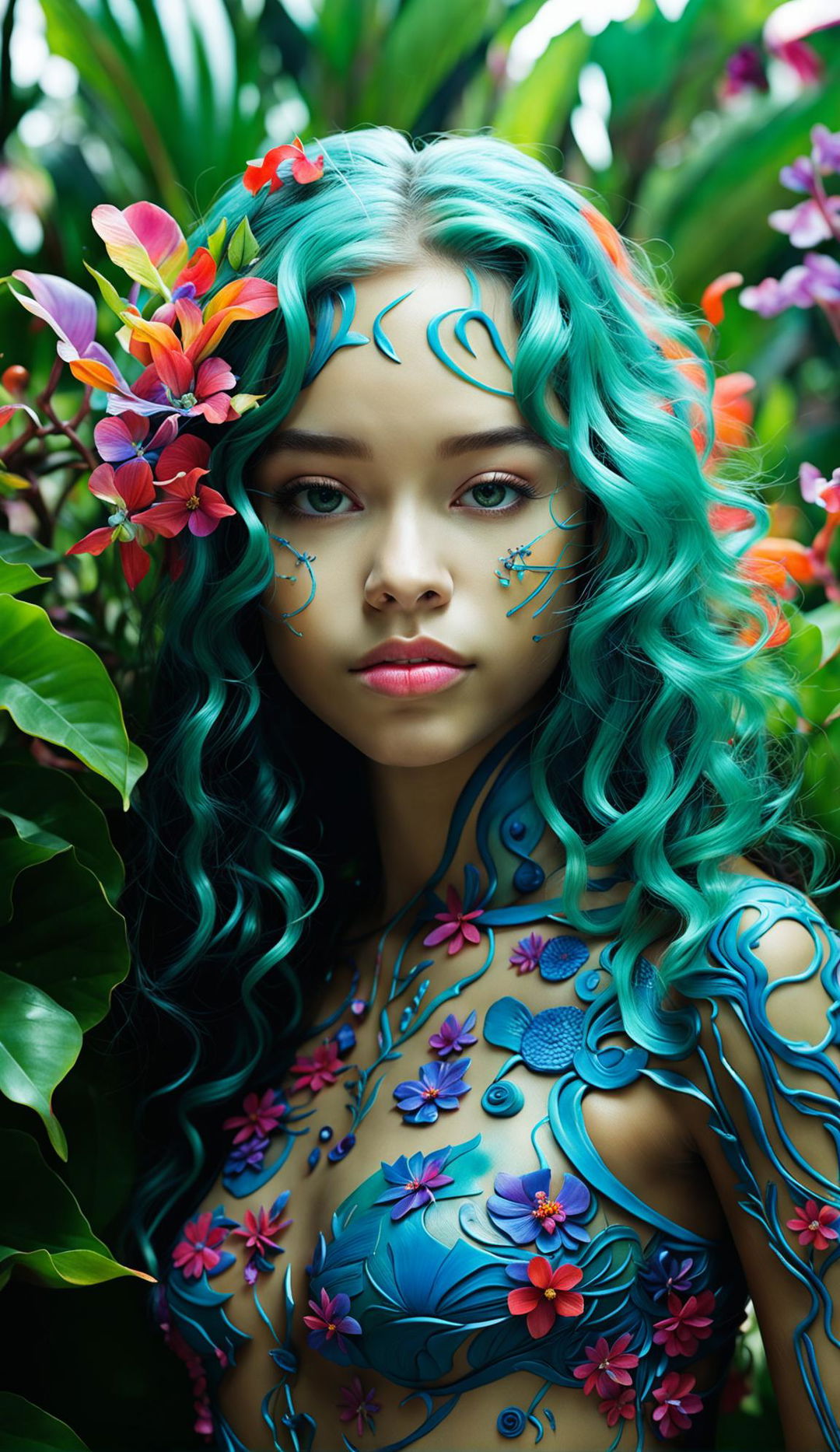 Surreal photograph of a bio-organic 17-year-old girl with intensely rich cyan skin patterned with nature-inspired details and small, richly colored red, orange, purple, and pink flowers blossoming from vein-like vines on her skin, shot with a Nikon Z5: NIKKOR Z f/4 S lens at an aperture setting and focal length of 70mm