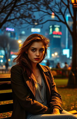 A young woman in her early twenties with striking features and an intense expression sits on a park bench, deep in thought