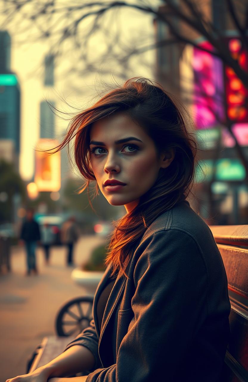 A young woman in her early twenties with striking features and an intense expression sits on a park bench, deep in thought