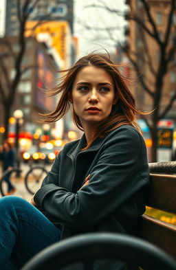 A young woman in her early twenties with striking features and an intense expression sits on a park bench, deep in thought