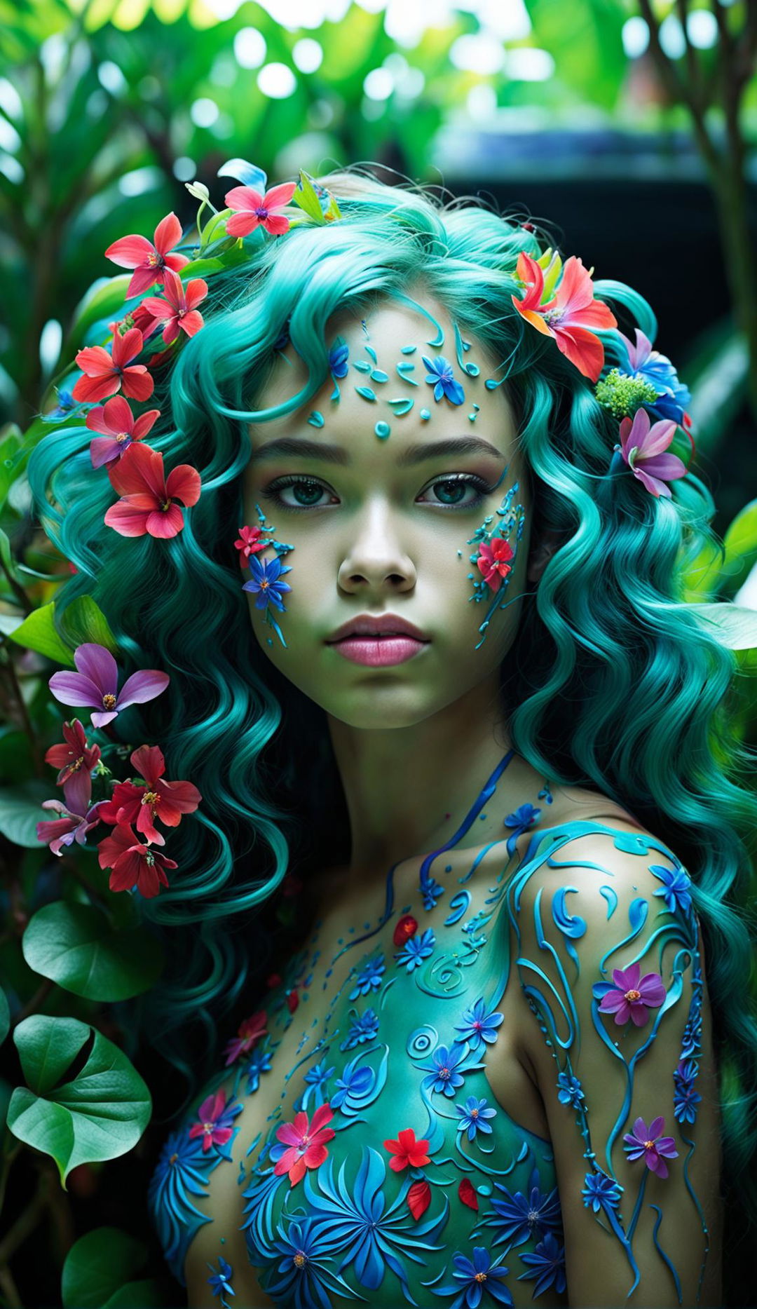 Surreal photograph of a bio-organic 17-year-old girl with intensely rich cyan skin patterned with nature-inspired details and small, richly colored red, orange, purple, and pink flowers blossoming from vein-like vines on her skin and face, shot with a Nikon Z5: NIKKOR Z f/4 S lens at an aperture setting and focal length of 70mm