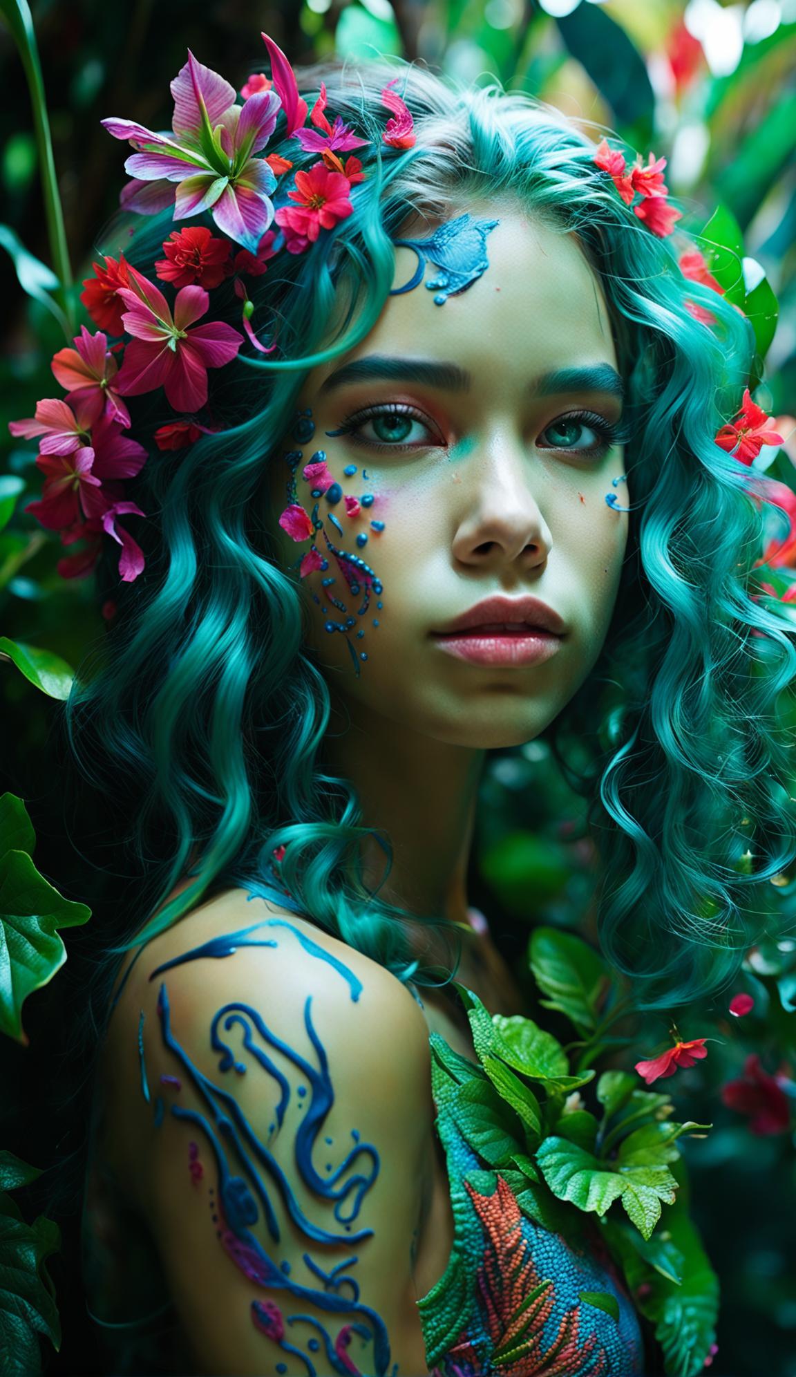 Medium-close-up shot of a bio-organic 17-year-old girl with intensely rich cyan skin patterned with nature-inspired details and small, richly colored red, orange, purple, and pink flowers blossoming from vein-like vines on her skin and face, shot with a Nikon Z5: NIKKOR Z f/4 S lens at an aperture setting and focal length of 70mm