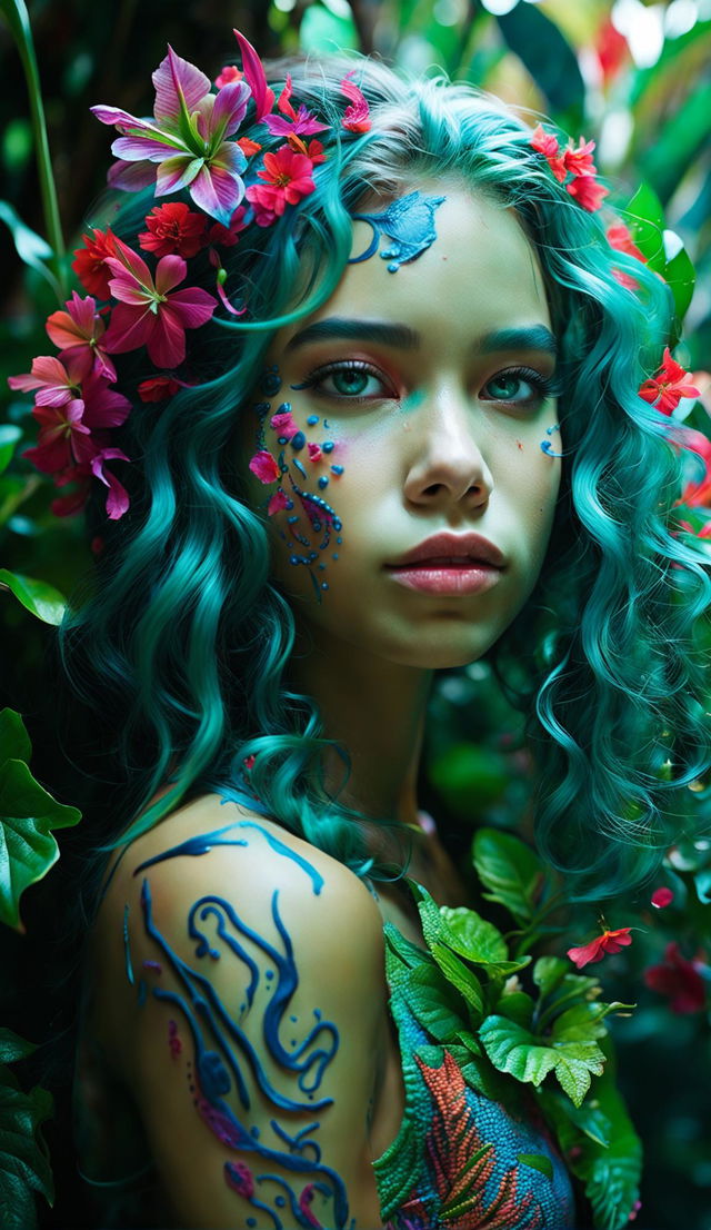 Medium-close-up shot of a bio-organic 17-year-old girl with intensely rich cyan skin patterned with nature-inspired details and small, richly colored red, orange, purple, and pink flowers blossoming from vein-like vines on her skin and face, shot with a Nikon Z5: NIKKOR Z f/4 S lens at an aperture setting and focal length of 70mm