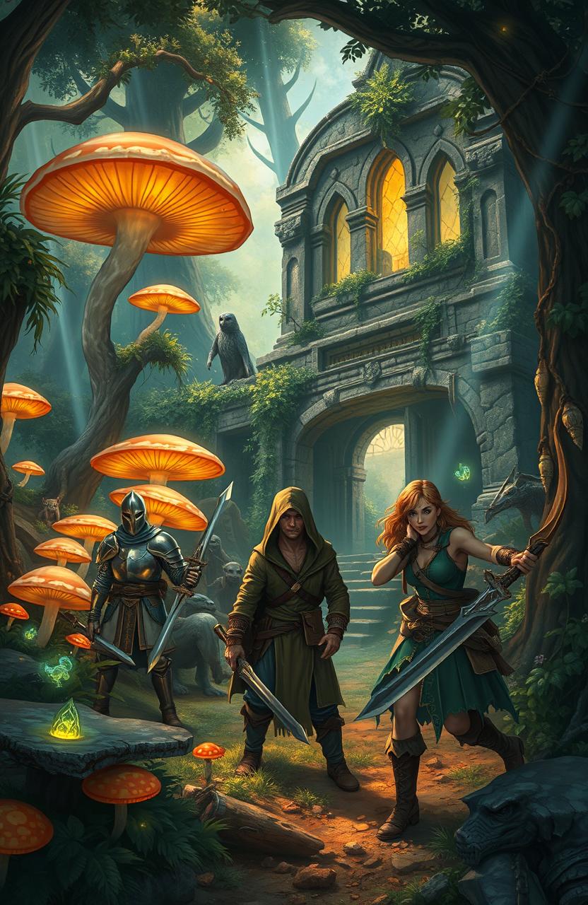 A captivating fantasy scene showcasing a group of adventurers in an enchanted forest, facing the challenges of survival in a magical world