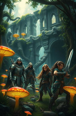 A captivating fantasy scene showcasing a group of adventurers in an enchanted forest, facing the challenges of survival in a magical world