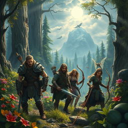 A gripping fantasy scene depicting a diverse group of survivors in a mystical wilderness