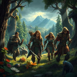 A gripping fantasy scene depicting a diverse group of survivors in a mystical wilderness