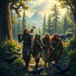 A gripping fantasy scene depicting a diverse group of survivors in a mystical wilderness