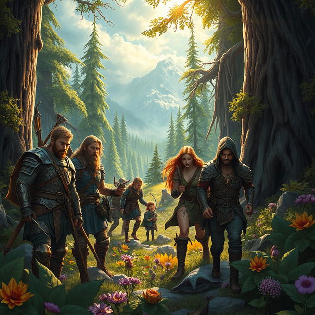 A gripping fantasy scene depicting a diverse group of survivors in a mystical wilderness