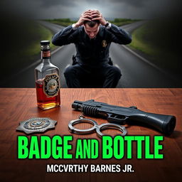 A dramatic scene depicting a police badge, a liquor bottle, a service weapon, and handcuffs carefully placed on a wooden table