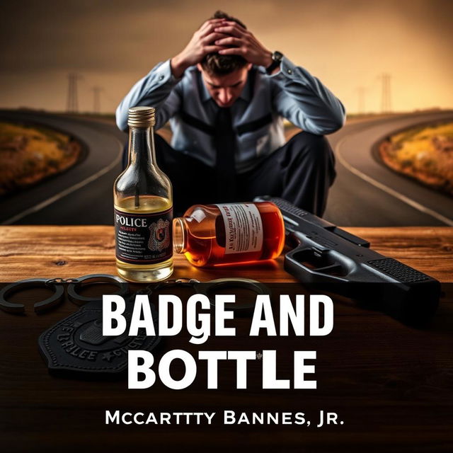 A dramatic scene depicting a police badge, a liquor bottle, a service weapon, and handcuffs carefully placed on a wooden table