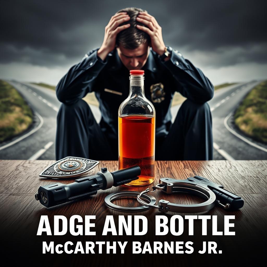 A dramatic scene depicting a police badge, a liquor bottle, a service weapon, and handcuffs carefully placed on a wooden table