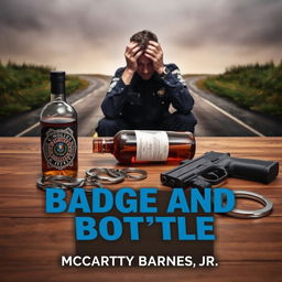 A dramatic scene depicting a police badge, a liquor bottle, a service weapon, and handcuffs carefully placed on a wooden table