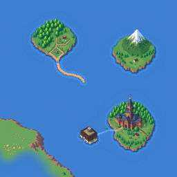 A pixel art style map featuring three islands separated by a river