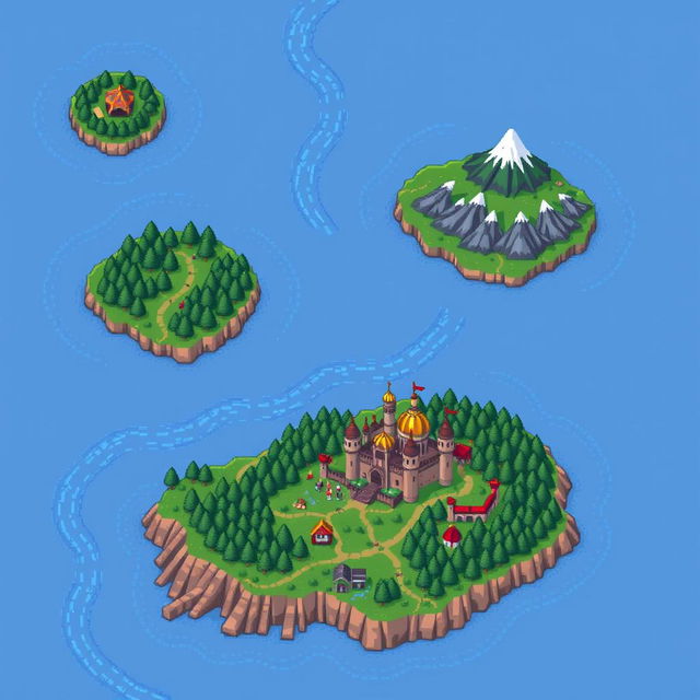 A pixel art style map featuring three islands separated by a river