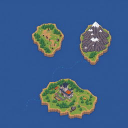 A pixel art style map featuring three islands separated by a river