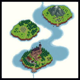 A pixel art style map featuring three islands separated by a river