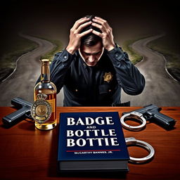 A dramatic scene illustrating a police badge, a liquor bottle, a service weapon, and handcuffs elegantly arranged on a wooden table