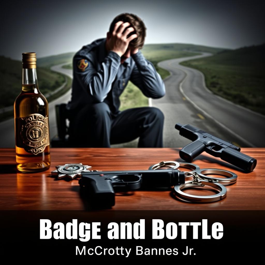 A dramatic scene illustrating a police badge, a liquor bottle, a service weapon, and handcuffs elegantly arranged on a wooden table