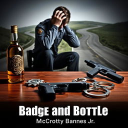 A dramatic scene illustrating a police badge, a liquor bottle, a service weapon, and handcuffs elegantly arranged on a wooden table