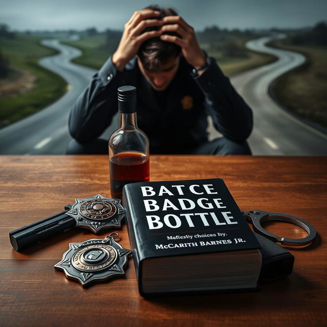 A dramatic scene illustrating a police badge, a liquor bottle, a service weapon, and handcuffs elegantly arranged on a wooden table