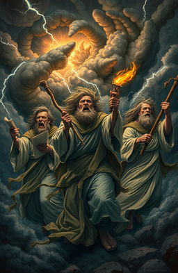 A dramatic, surreal scene depicting prophets in a wild expression of divine anger
