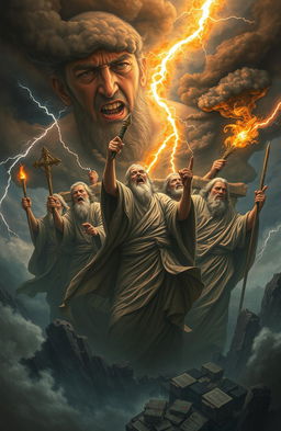 A dramatic, surreal scene depicting prophets in a wild expression of divine anger