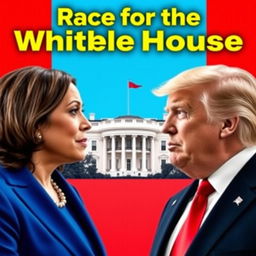 A YouTube thumbnail featuring Kamala Harris and Donald Trump facing each other, with the White House prominently positioned between them