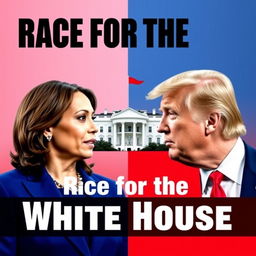 A YouTube thumbnail featuring Kamala Harris and Donald Trump facing each other, with the White House prominently positioned between them