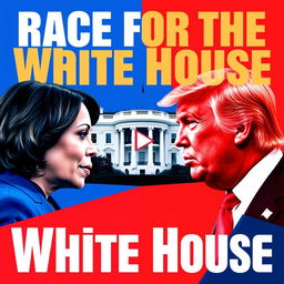 A YouTube thumbnail featuring Kamala Harris and Donald Trump facing each other, with the White House prominently positioned between them