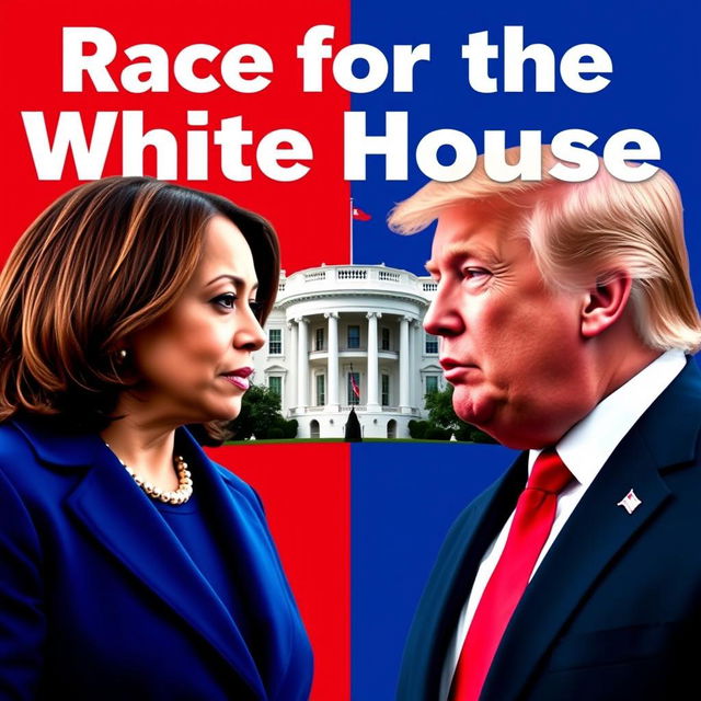 A YouTube thumbnail featuring Kamala Harris and Donald Trump facing each other, with the White House prominently positioned between them