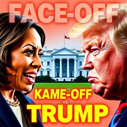 A vibrant and eye-catching YouTube thumbnail featuring Kamala Harris and Donald Trump facing each other