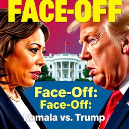 A vibrant and eye-catching YouTube thumbnail featuring Kamala Harris and Donald Trump facing each other