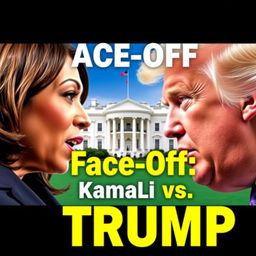 A vibrant and eye-catching YouTube thumbnail featuring Kamala Harris and Donald Trump facing each other