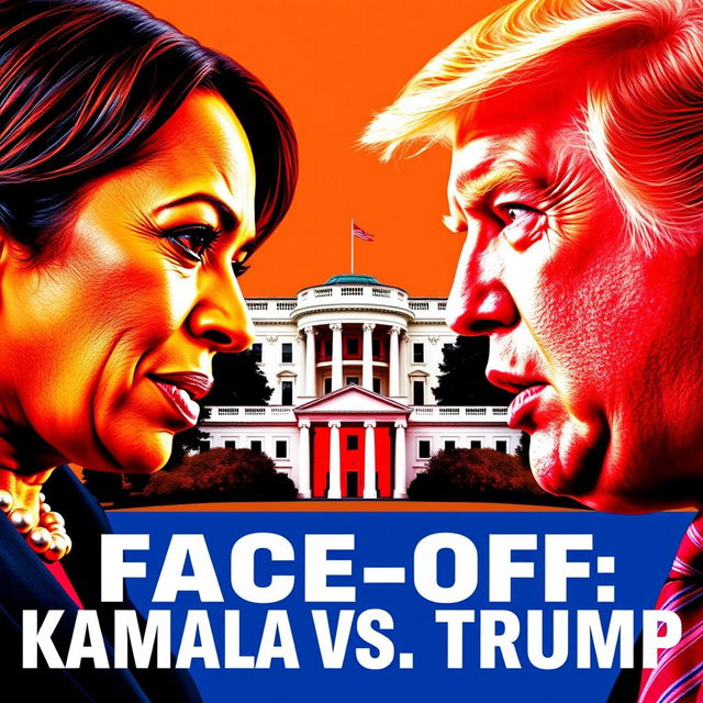 A vibrant and eye-catching YouTube thumbnail featuring Kamala Harris and Donald Trump facing each other