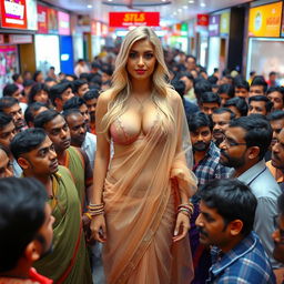 A lively and colorful scene in a busy Indian mall, showcasing a diverse crowd