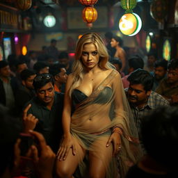 A poignant scene inside a dimly lit cheap Indian bar, filled with a dense crowd of onlookers