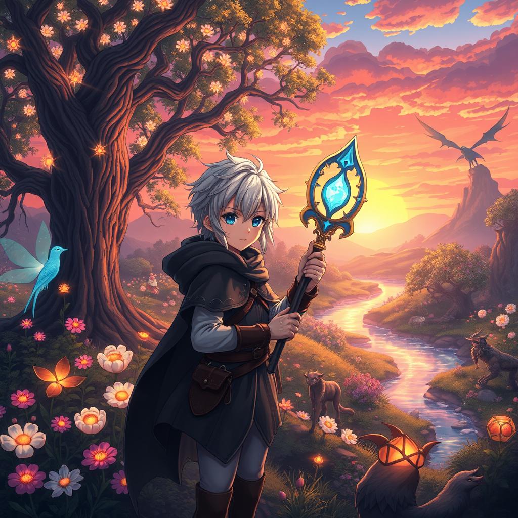 An anime-style illustration featuring a mystical forest filled with ancient trees and glowing flowers, inhabited by various fantastical creatures like fairies, elves, and mythical beasts