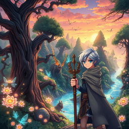 An anime-style illustration featuring a mystical forest filled with ancient trees and glowing flowers, inhabited by various fantastical creatures like fairies, elves, and mythical beasts