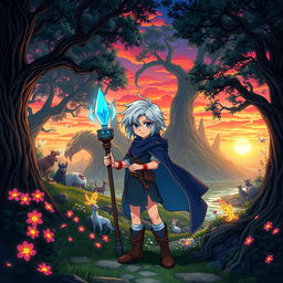 An anime-style illustration featuring a mystical forest filled with ancient trees and glowing flowers, inhabited by various fantastical creatures like fairies, elves, and mythical beasts